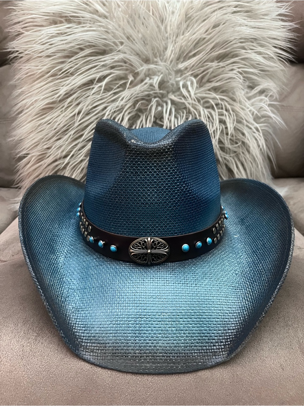 Teal Straw Unisex Cowboy Hat with Turquoise Studded Band